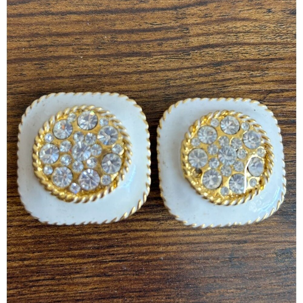 Square Nautical Rope Vintage 80s Clip On Earrings Enamel Rhinestones Vintage